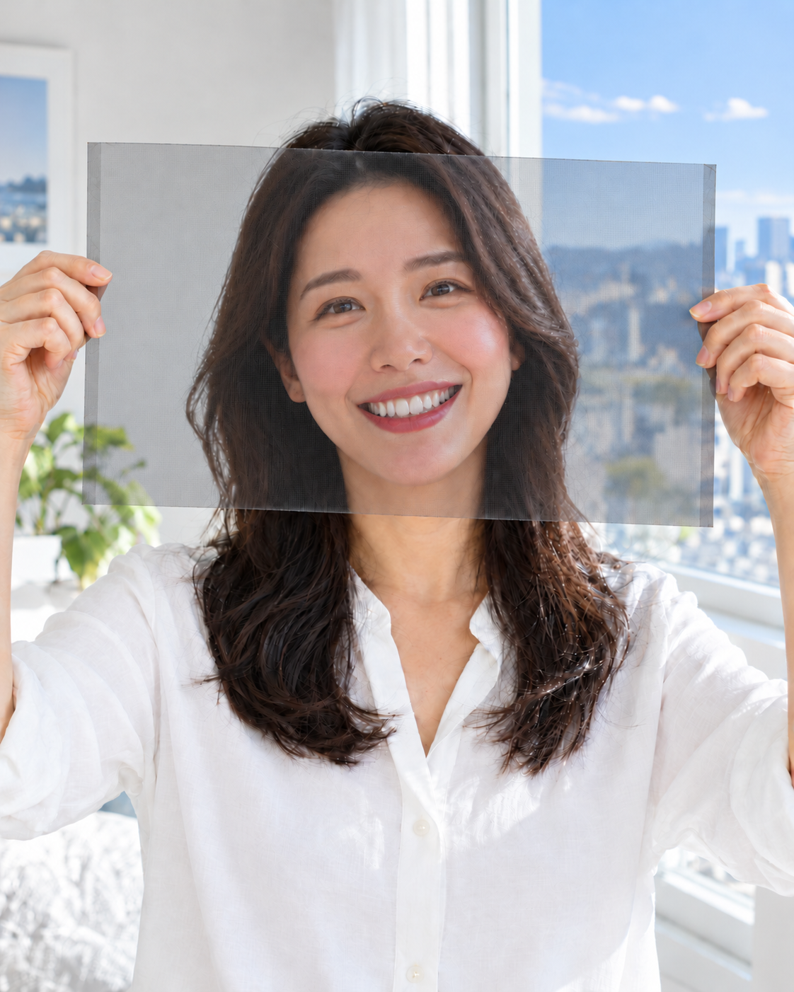 여성 얼굴 앞에 촘촘한 창문 방진망이 보이는 장면
